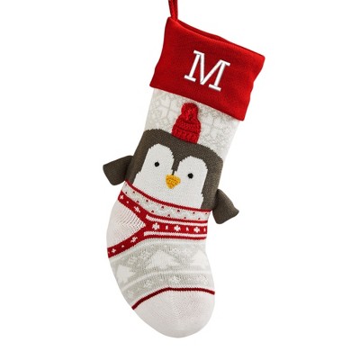 Personalization Mall Winter Penguin Embroidered Initial Knit Christmas Stocking
