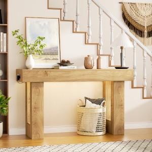 Aheaplus 63'' Farmhouse Console Table with Power Outlets and Light, Wood Narrow Entryway Table - 1 of 4