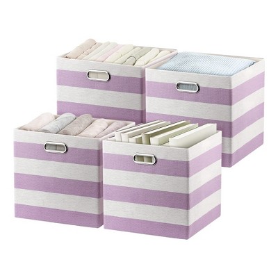 Posprica 13 x 13 Inch Square Collapsible Storage Organization Cube Bins for Nursery, Living Room, Bedroom, or Office, Purple & Cream Striped (4 Pack)