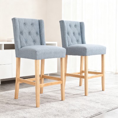 27" Contemporary Tufted Fabric Wingback Counter Stools, Set of 2, Light Blue with Natural Legs, Stylish and Comfortable Bar Seating