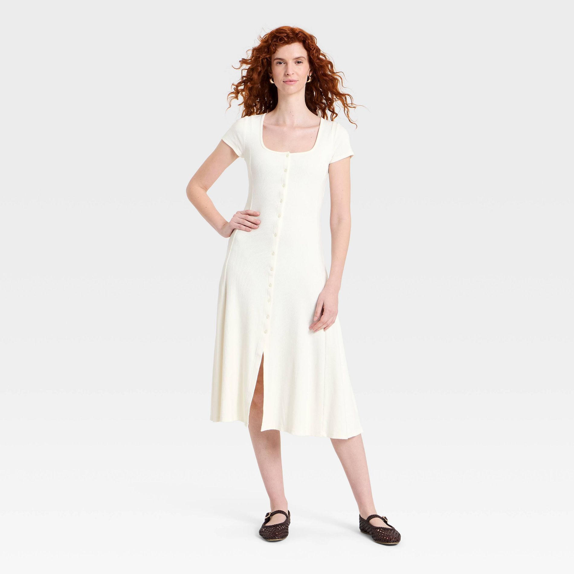 Women's Short Sleeve Ribbed Button-Front Midi Sundress - Universal Thread™