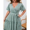 Women Plus Size Maxi Dress V Neck Summer Dress Short Sleeve Long Dress High Waist Ruffle Casual Dress with Belt - 4 of 4