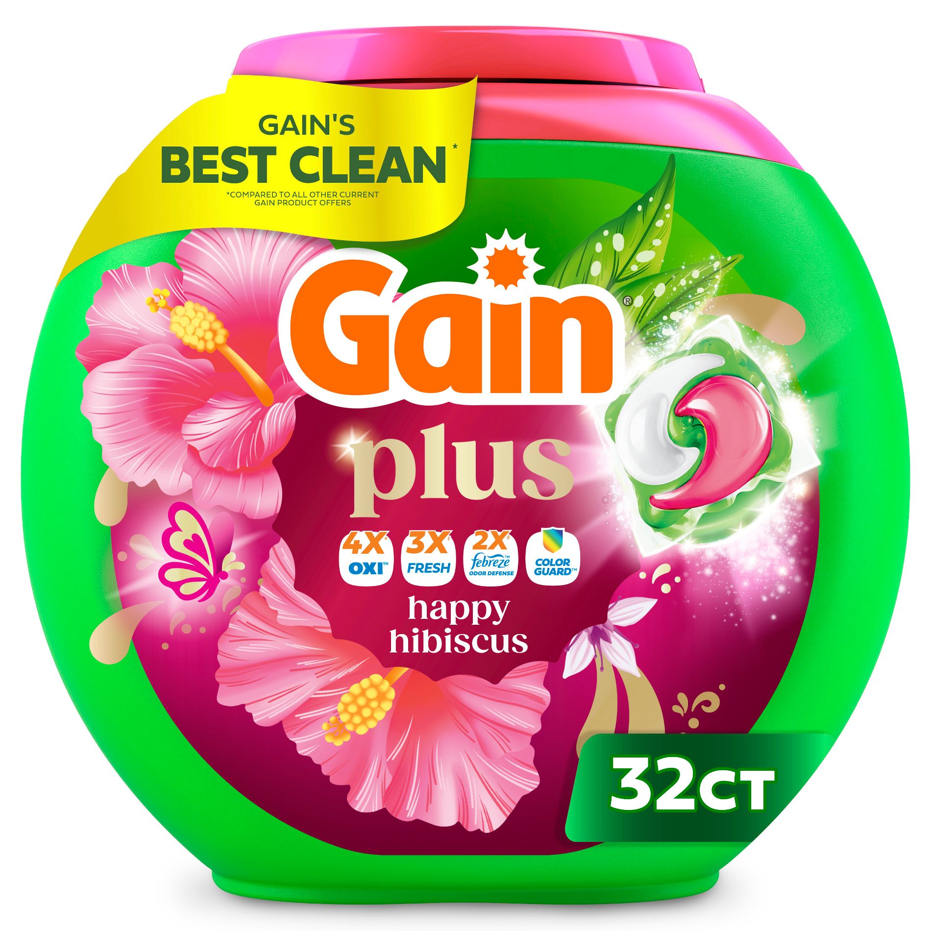 Gain Hibiscus Hula Super Flings Plus Laundry Detergents - 32ct: Concentrated, Deep Cleaning, High Efficiency, Child-Resistant Packaging
