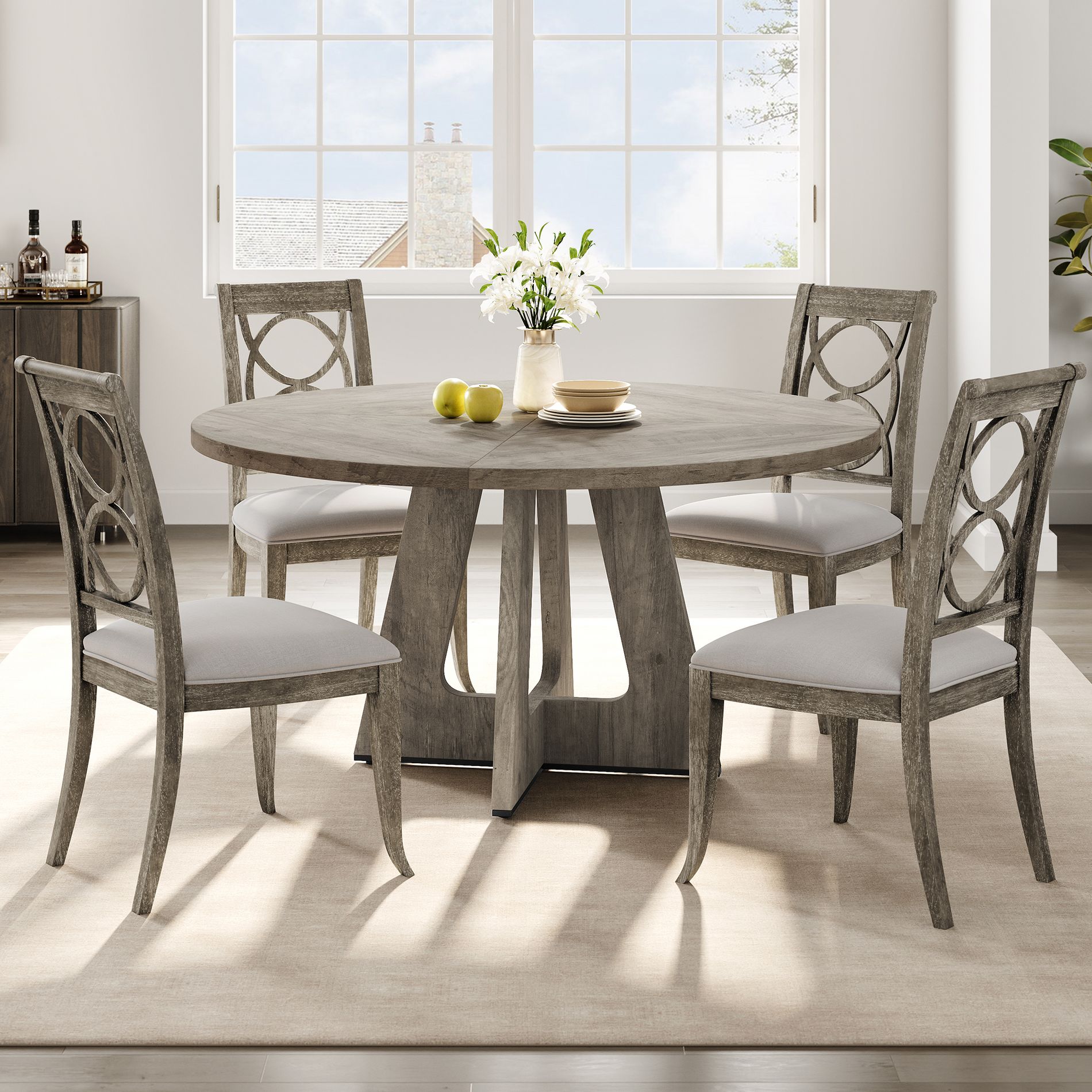 47" Round Farmhouse Dining Table for 6, Rustic Grey Wood Kitchen Table with Distressed Finish,  Wood Surface for Dining Room, Easy Assembly