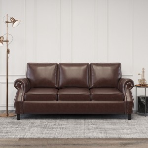 Contemporary PU Leather Sofa, 3-Seater with Nailhead Detailing and Birch Wood Frame for Living Room - 1 of 4