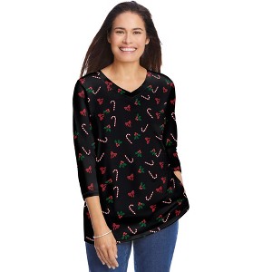 Woman Within Women's Plus Size Perfect Printed Three-Quarter Sleeve V-Neck Tee - 1 of 4