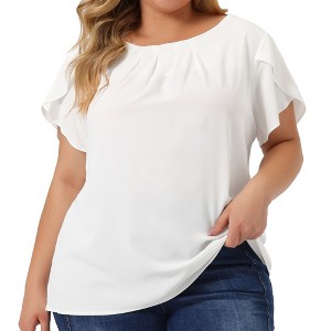 Agnes Orinda Women's Plus Size Elegant Pleated Petal Tulip Short Sleeve Office Work Summer Blouses - 1 of 4
