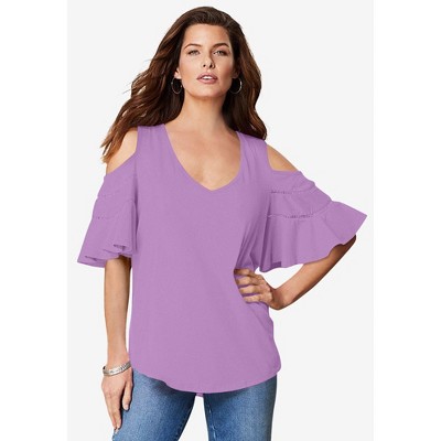 Roaman's Women's Plus Size Ruffle-Sleeve Top With Cold Shoulder Detail