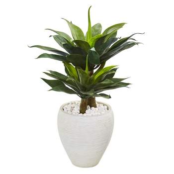 Nearly Natural 33-in Double Agave Succulent Artificial Plant in White Planter