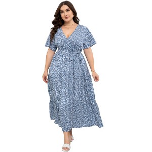 Plus Size Short Sleeves Wrap Maxi Dress V Neck High Waist Ruffle Casual Summer Belt Dress - 1 of 4