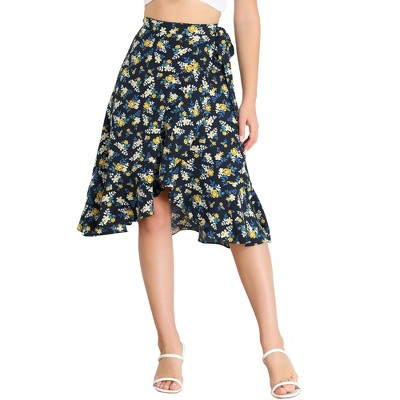 Allegra K Women's Floral Printed Self Tie Knot High-Low Ruffle Hem Wrap Skirt