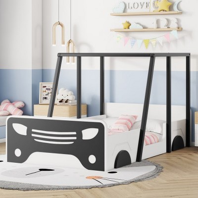 Twin Size Car-shaped Bed With Roof, Wooden Twin Floor Bed With Wheels And Door Design Inspired Bedroom Fun Bed Frames, For Toddlers Home Bedroom