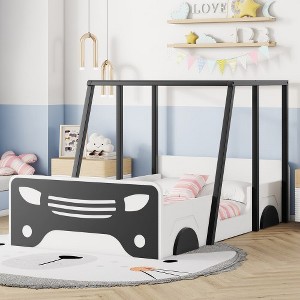 Twin Size Car-shaped Bed With Roof, Wooden Twin Floor Bed With Wheels And Door Design Inspired Bedroom Fun Bed Frames, For Toddlers Home Bedroom - 1 of 4