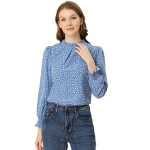 Allegra K Women's Smocked Cuffs Puff Sleeve Ruffled Neck Vintage Polka Dots Blouses - 1 of 4