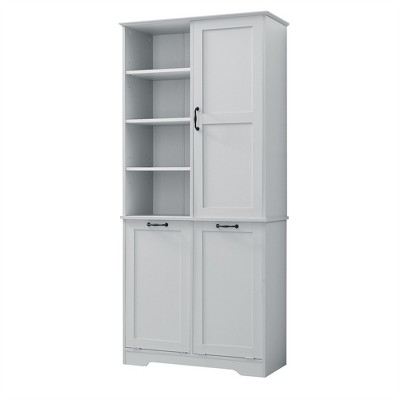 Tramull Bathroom Storage Cabinet with Tilt-Out Hamper, Multi-Functional Organizer with Adjustable Shelves & Drawers