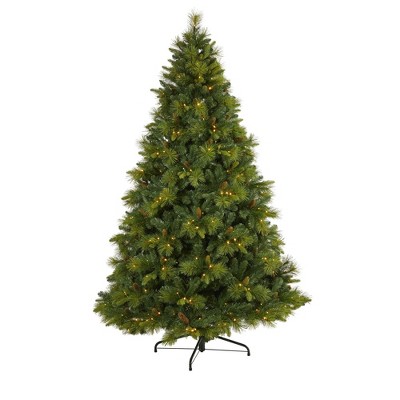 Nearly Natural 7.5-ft North Carolina Mixed Pine Artificial Christmas Tree with 470 Warm White LED Lights, 1895 Bendable Branches and Pinecones