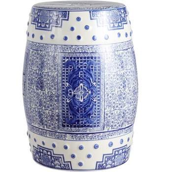 JONATHAN Y Acanthus 17.8" Chinoiserie Ceramic Drum Garden Stool, Blue/White