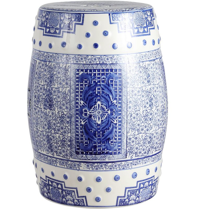 JONATHAN Y Acanthus 17.8" Chinoiserie Ceramic Drum Garden Stool, Blue/White, 1 of 7