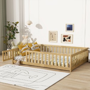 YOOCOZZ Queen Size Rubber Wood Floor Bed with Fence,Door and Safety Guardrails - 1 of 4