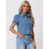 INSPIRE CHIC Women's Denim Collared Short Puff Sleeve Chest Pocket Button Down Shirt - 2 of 4