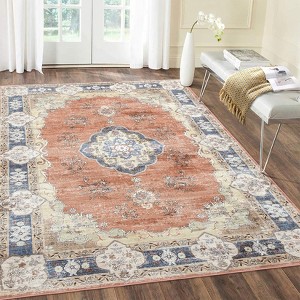 Washable Large Non-Slip Boho Rug, Non-Shedding Low Pile Vintage Distressed Floral for Living Room, Bedroom, Dining, Orange 8ft*10ft(244cm*305cm) - 1 of 4