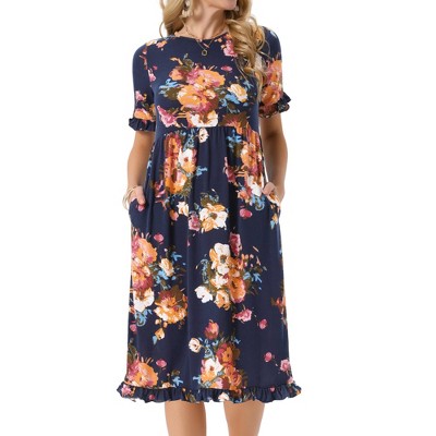 INSPIRE CHIC Women's Floral Ruffle Short Sleeve Crew Neck High Waist Midi Dresses