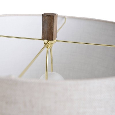 65" White Linen and Brass Floor Lamp with Wood Accents