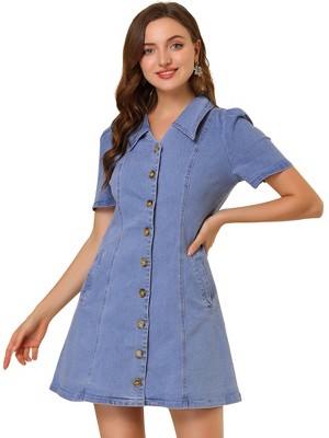 Allegra K Women's Button Up Collared Short Sleeve Washed Jean Demin Dress