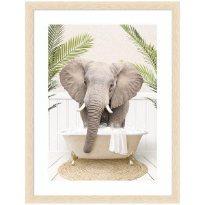 Kate and Laurel Elephant Front Palm Bathtub by Amy Peterson Framed Wall Art Print, 20 x 26, Woodgrain Stripe Blonde - 1 of 4