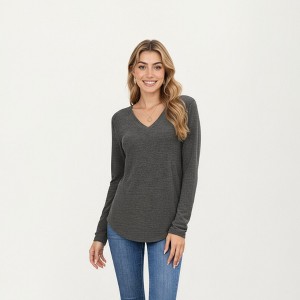 Anna-Kaci Women's Long Sleeve V-Neck Knit Top with Curved Hem and Relaxed Fit - 1 of 4