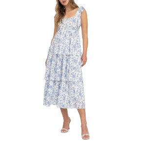 August Sky Women's Mock Self Tie Straps Floral Tiered Midi Dress - 1 of 4