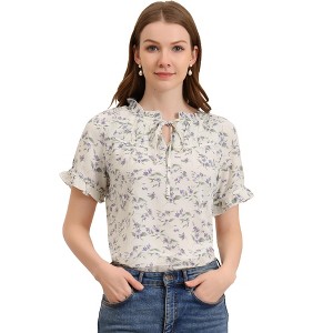 INSPIRE CHIC Women's Floral Tie Neck Ruffle Short Sleeves Peasant Blouse Top X-Small Beige - 1 of 4