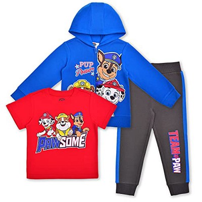 Nickelodeon Boy's Paw Patrol 3 Piece Active Wear Coordinates, Graphic Printed Zip Up Hoodie, T-Shirt, and Joggers Set - Black, Blue, Red / Size 4