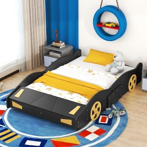 VASIP Twin Size Race Car Bed for Boys with Storage Drawers, Rolling Wheels,Dark Blue and Yellow Sports Theme Platform Bed Frame - 1 of 4