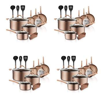 NutriChef Metallic Nonstick Ceramic Cooking Kitchen Cookware Pots & Pan Set w/ Lids, Utensils, & Cool Touch Handle Grips 14 Piece Set, Bronze (4 Pack)