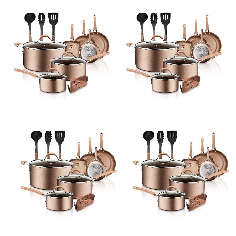 NutriChef Metallic Nonstick Ceramic Cooking Kitchen Cookware Pots & Pan Set w/ Lids, Utensils, & Cool Touch Handle Grips 14 Piece Set, Bronze (4 Pack), 1 of 7