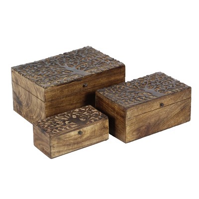 Rustic Hand-Carved Mango Wood Lidded Boxes Set of 3