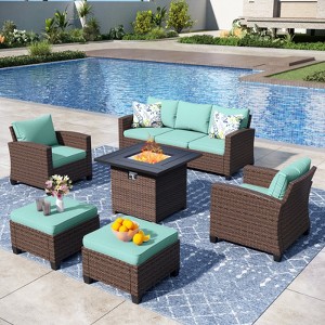 Captiva Designs 6pc Outdoor Patio Wicker Rattan Fire Pit Set with Cushioned Ottomans and Single Sofas - 1 of 4