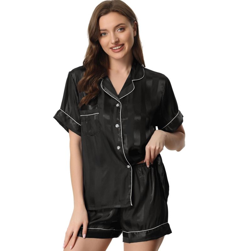 cheibear Women's Satin Button Down Short Sleeve and Shorts Pajama Set, 1 of 6