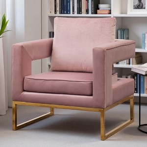 Velvet-Like Contemporary Accent Armchair with Cut-Out Armrests and Gold Metal Frame - 1 of 4