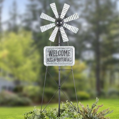Rustic Metal Farm Wind Spinner Stake with Welcome Sign
