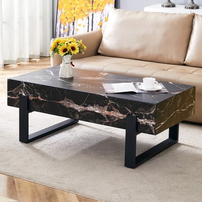 VYNXARIA Sleek Black Marble-Patterned Minimalist Coffee Table
