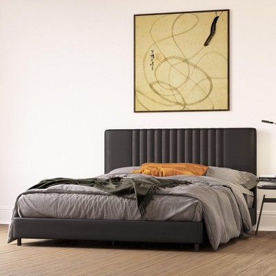 Full Black Faux Leather Upholstered Platform Bed with Tufted Headboard
