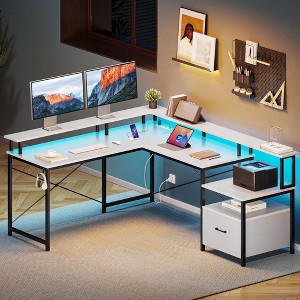 Greenstell Modern L-shaped computer desk - with LED lights, storage filing cabinet, and flip-up corners - 1 of 4