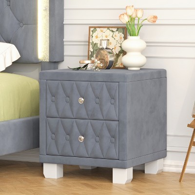 HDZNVF Elegant Velvet Nightstand with 2 Drawers and Crystal Handle, Storage Bedside Table with Button-Tufted, Grey