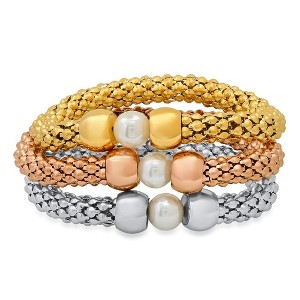 Steeltime Ladies tri toned stainless steel, 18k gold plated and 18k rose gold plated and simulated pearls stretch mesh bracelet 3pc set - 1 of 1