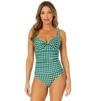 Anne Cole Women's Green Gingham Retro Twist Front Shirred One Piece Swimsuit
