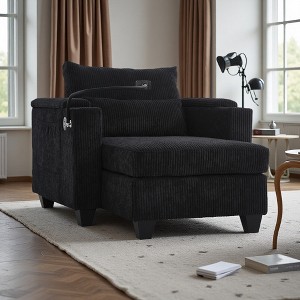 37.4" Corduroy Convertible Chaise Lounge Chair with USB Ports, Cup Holders and Hidden Storage - 1 of 4
