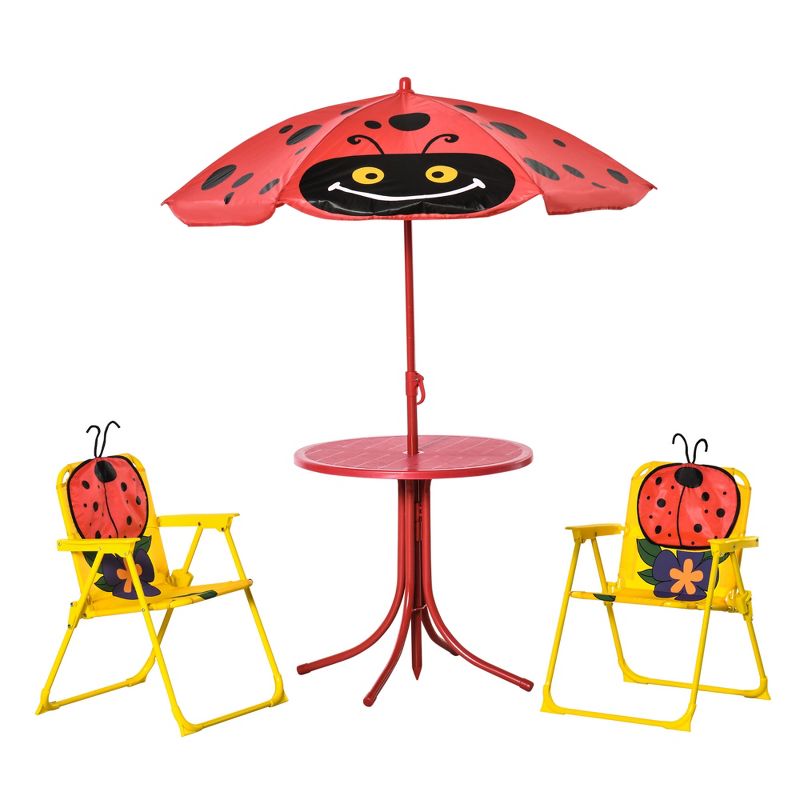 Outsunny Kids Picnic Table and Chair Set, Outdoor Folding Garden Furniture, for Patio Backyard, with Monkey Pattern, Removable & Height Adjustable Sun Umbrella, Aged 3-6 Years Old, 1 of 7