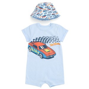 Hot Wheels Baby Romper and Bucket Sun Hat Outfit Set Newborn to Infant - 1 of 4